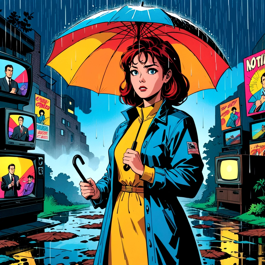 woman holding umbrella, technicolor rain, uv light face mask, , VHS, glitch, distorted, nostalgia, 90's retro vibes, analog tape, vcr aesthetics, tv, television, 1990's cartoon homage), comic 1990's, animated tv show screengrab, cinematic poster, image within image, multiple exposure, massive scale, rich color grading for shading depth, hand drawn rotoscope cartoon realism, chiaroscuro lighting, mixed media, vintage comic, retro original design, 1990's comic, sense of movement energy, A black and white world, holding umbrella, each drop of rain unleashes a ripple of color, bringing color to this otherwise mundane world, color reverberating out from each raindrop as it makes contact with the ground, subtle coloring to enrich the black and white image, rich color grading, sense of depth, shading and shadows