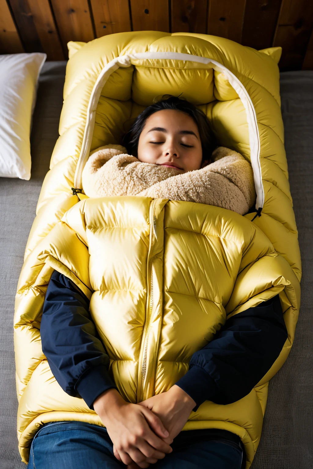 sleeping bag is bright yellow. The fabric of the sleeping bag appears to be a light and soft material, probably synthetic for easy transport and portable use.typical rectangular or semi-rectangular sac shape proportional to the body,on top to fit around your neck or head. small pockets or a subtle design that adds functionality to the sleeping bag. with a young adult model sleeping delicately, covered all over the sleeping bag