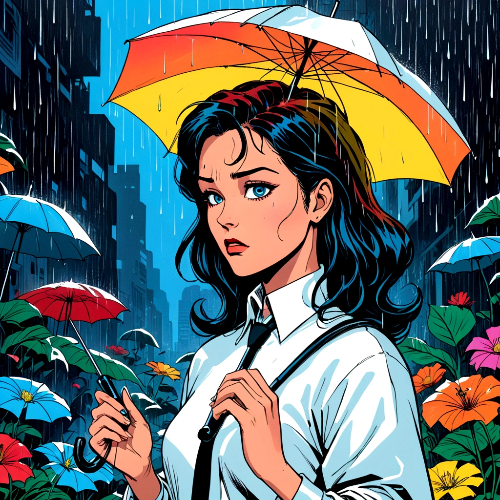 woman holding umbrella, technicolor rain,  uv light face mask, , VHS, glitch, distorted, nostalgia, 90's retro vibes, analog tape, vcr aesthetics, tv, television, 1990's cartoon homage), comic 1990's, animated tv show screengrab, cinematic poster, image within image, multiple exposure, massive scale, rich color grading for shading depth, hand drawn rotoscope cartoon realism, chiaroscuro lighting, mixed media, vintage comic, retro original design, 1990's comic, sense of movement energy, A black and white world, holding umbrella, each drop of rain unleashes a ripple of color, bringing color to this otherwise mundane world, color reverberating out from each raindrop as it makes contact with the ground, subtle coloring to enrich the black and white image, rich color grading, sense of depth, shading and shadows