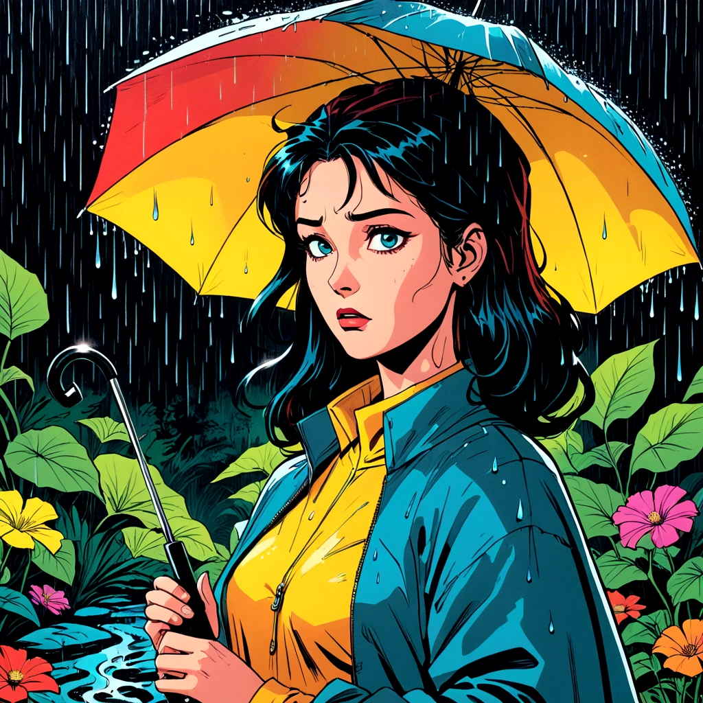woman holding umbrella, technicolor rain,  uv light face mask, , VHS, glitch, distorted, nostalgia, 90's retro vibes, og tape, vcr aesthetics, tv, television, 1990's cartoon homage), comic 1990's, animated tv show screengrab, cinematic poster, image within image, multiple exposure, massive scale, rich color grading for shading depth, hand drawn rotoscope cartoon realism, chiaroscuro lighting, mixed media, vintage comic, retro original design, 1990's comic, sense of movement energy, A black and white world, holding umbrella, each drop of rain unleashes a ripple of color, bringing color to this otherwise mundane world, color reverberating out from each raindrop as it makes contact with the ground, subtle coloring to enrich the black and white image, rich color grading, sense of depth, shading and shadows