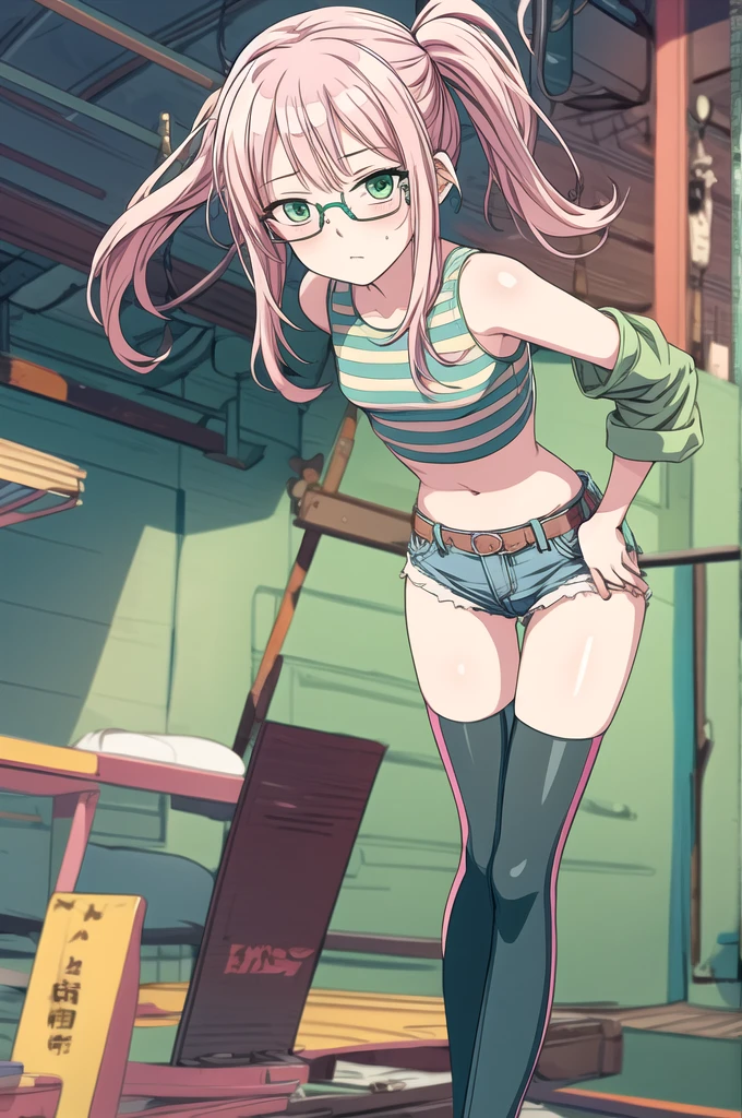 (masterpiece, best quality), 1girl, small breasts, small hips, green eyes, pink hair, crop top, denim shorts, bedroom, striped thighhighs, pervert, , glasses,