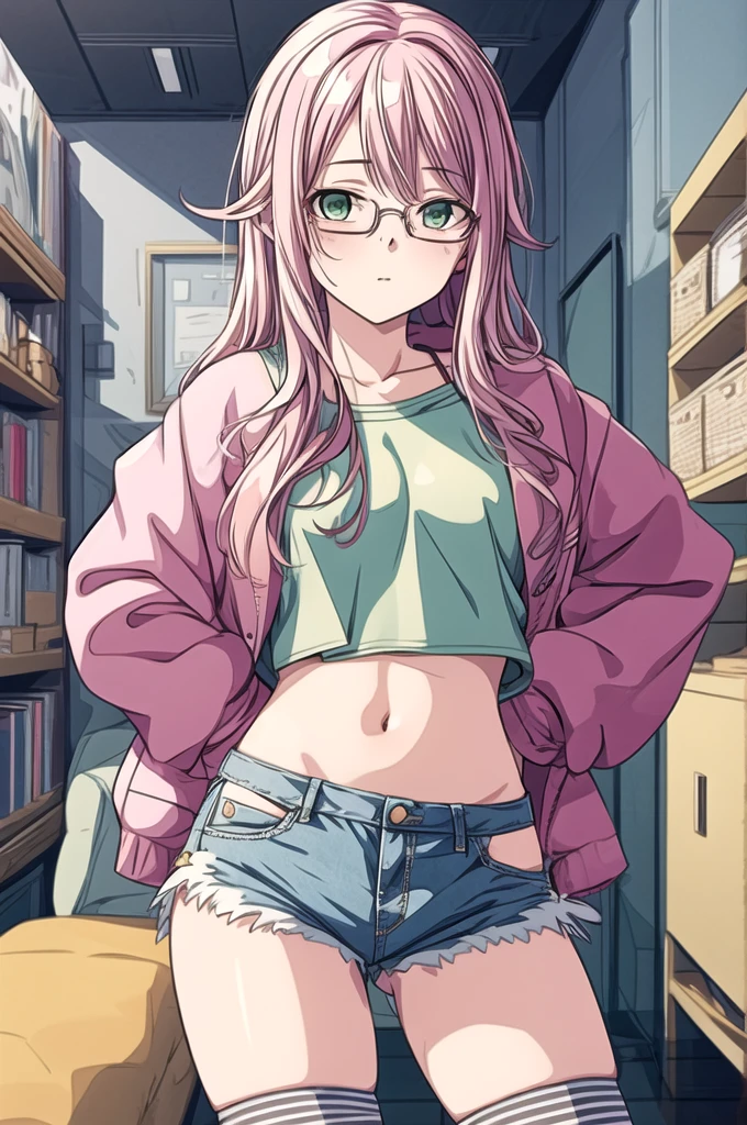 (masterpiece, best quality), 1girl, small breasts, small hips, green eyes, pink hair, crop top, denim shorts, bedroom, striped thighhighs, pervert, , glasses,