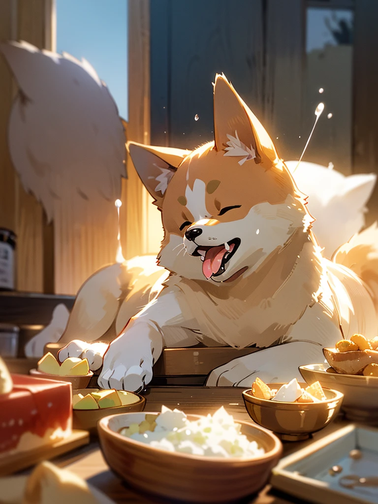 Highest quality,High resolution,1Dogs,Shiba Inu,smile,whole body,look up,looking at the camera,Bright lighting,Dripping a lot of saliva,Drooling,Stringy saliva,Open your mouth,Sticking out tongue,Saliva,eat,meal,bait,feed,sit,