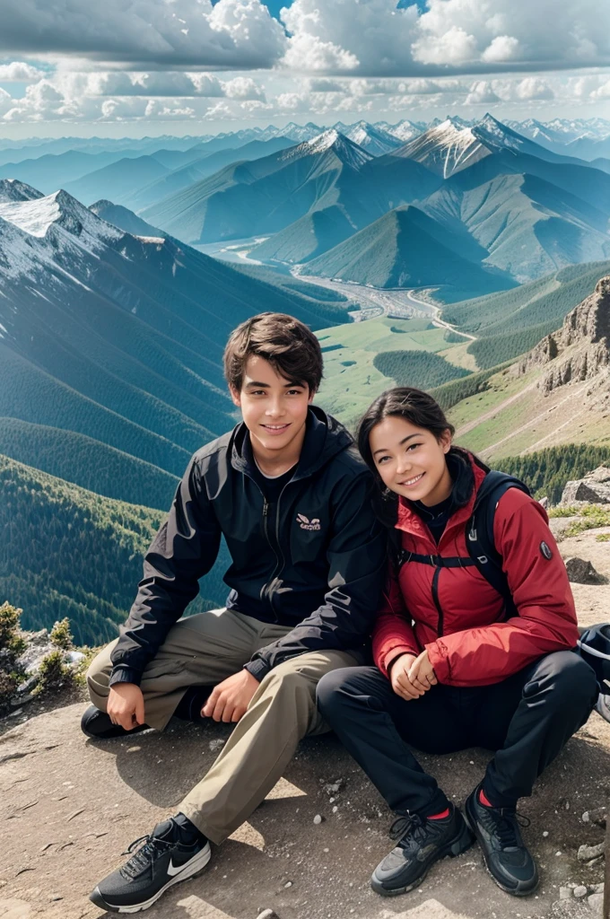 A girl and a boy sitting together on a mountain peak