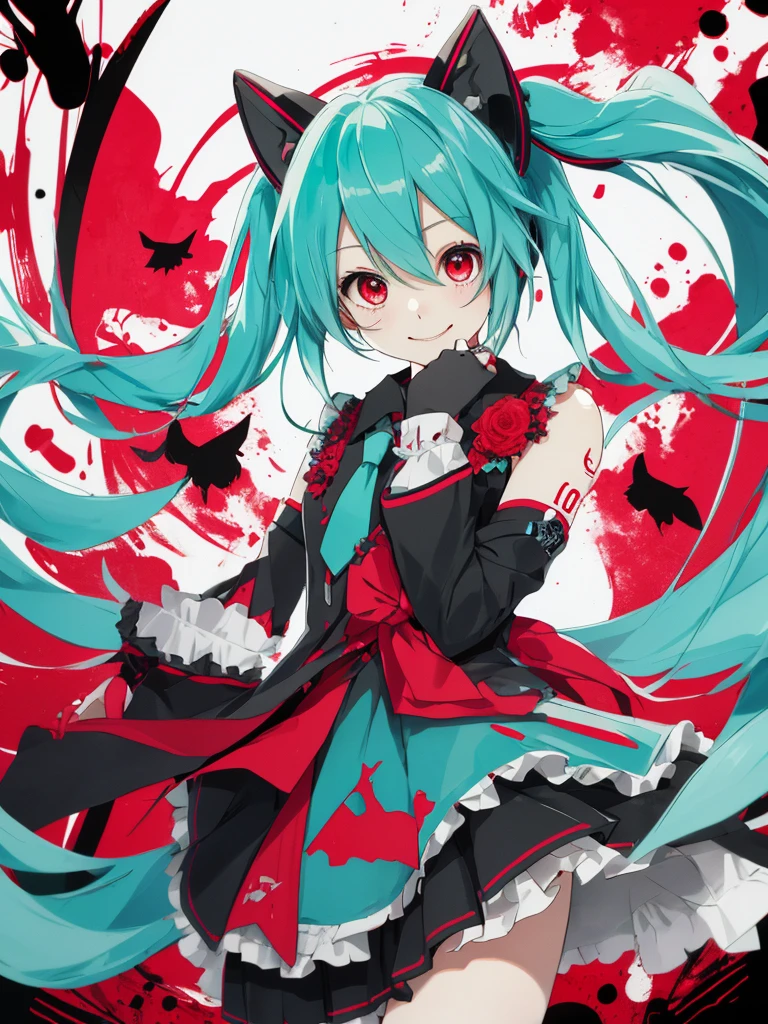 hatsune miku, very cute, blood, smiling, devil, cat ears, red eyes