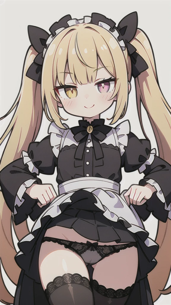 A girl, ta style, maid, blonde hair, long hair, twin tails, long twin tails, bangs, heterochromatic eyes, one pupil is purple, one pupil is gold, black stockings, stockings, flesh Legs, lift skirt to reveal panties, black lace panties, panties, briefs, lace, lace briefs, translucent briefs, blush, tenderness, smile, high quality, don't show excessive composition problems, masterwork, skin Fair, smooth skin, clear pupils, high-definition picture quality, perfect composition, fine characterization, extreme details, coordination of light and shadow, precise body proportions, (correct proportions of facial features), (exquisitely sculpted face), epic works, 8K, (Masterpiece), (High Quality), (Super Detailed), ((Illustration))