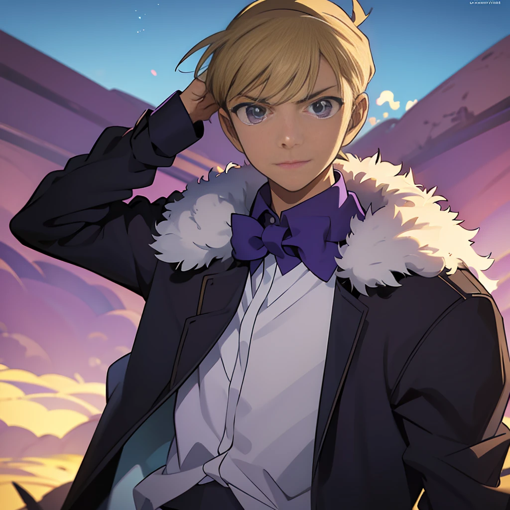 Best picture quality, 8K, high quality, masterpiece:1.2), ((masterpiece)), (high detail, high quality, best picture quality), (absurd、High resolution、super detailed)、masterpiece、the highest quality、male 、solo、Handsome、short hair、blonde hair、purple eyes、fine eyes and detailed face、in detective outfit、true shadow、joy、connect ears、Upper body、blur the background、look at sky, Apocalypse world in background