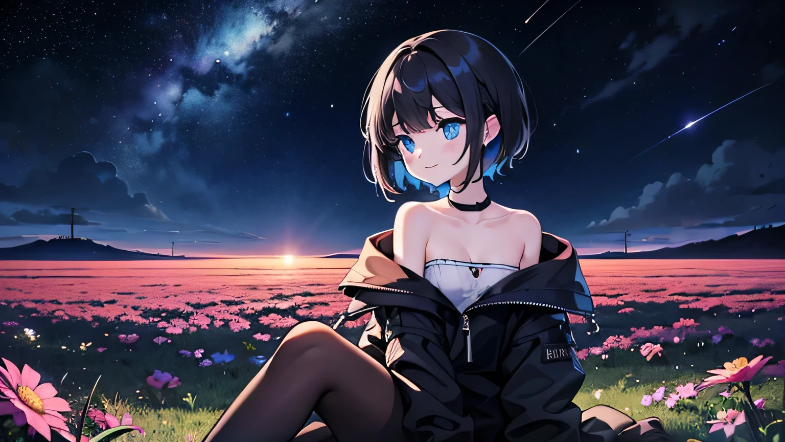 1 girl, solo, blue eyes, (detailed eyes), gentle smile, flat chest, short hair, black hair, full body, ((masterpiece, illustration, best quality))She sits in a field full of flowers on the plateau and look up at the night sky、Talvez por estar frio, his breath feels pale white.、The source of light is a star in the night sky々Apenas luz、She is seen turning her face to him、Make a mostly picture of the night sky from a short distance behind the two of them and a dystopic, post-apocalyptic city、A shooting star has now flowed into the night sky、The area is dark、In the darknesaster part、realisitic, cyberpunk girls, neon elements