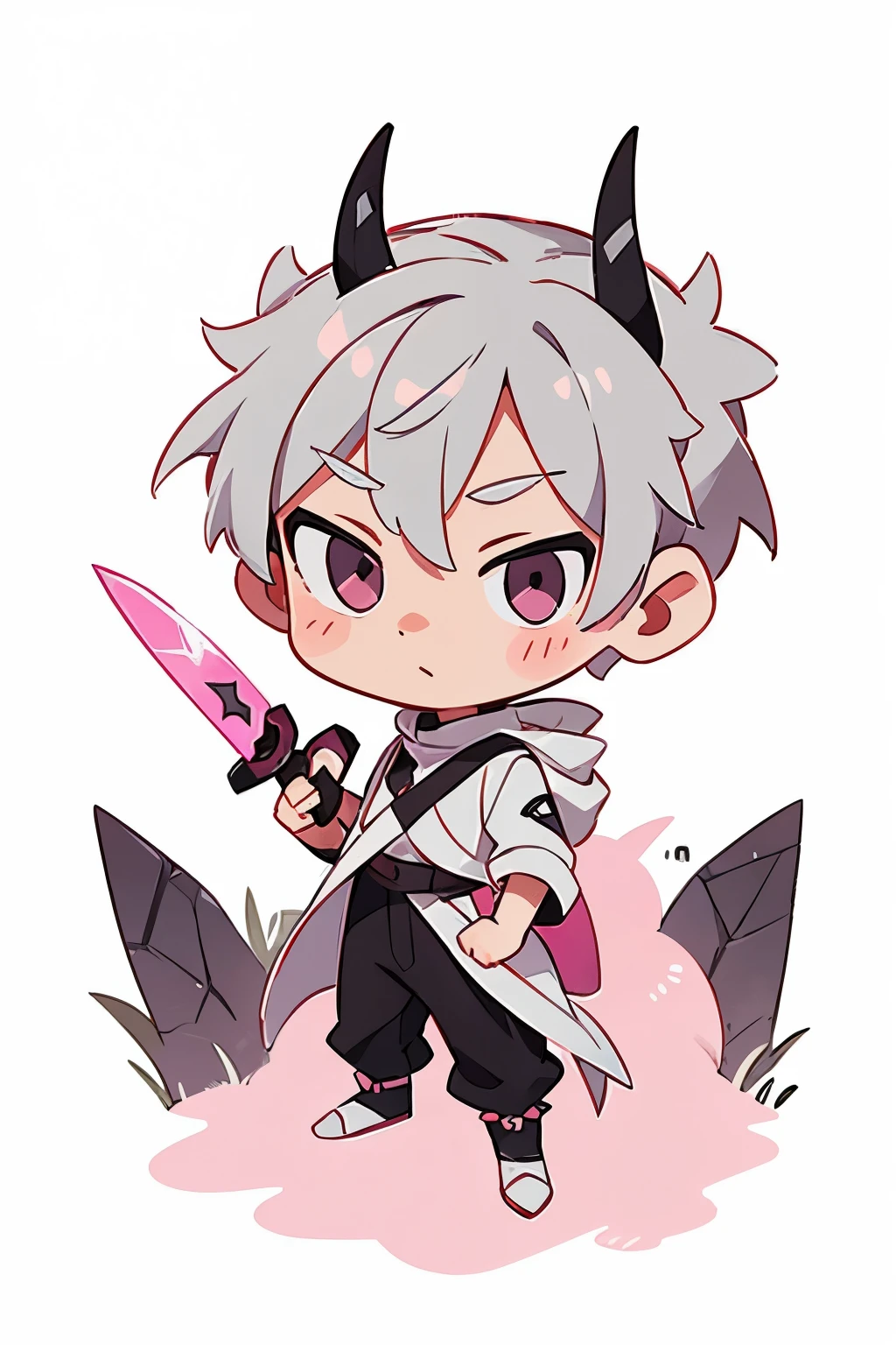 chibi drawing, Boy, white, with gray hair, black demon horns, explorer outfit, holding a pink sword in hand.