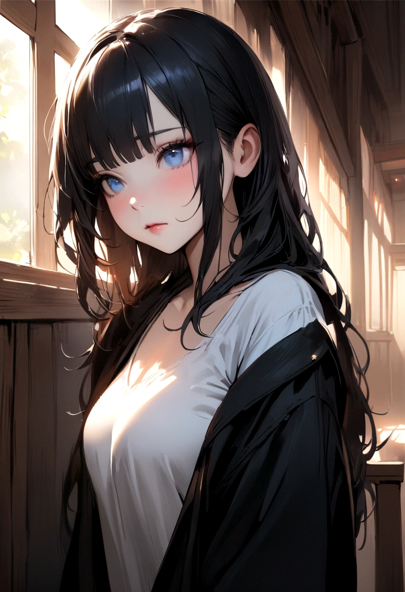 Best Quality, Masterpiece, (realist:1.2), 1 girl, Medium shoulder length jet black hair with bangs, blue eyes,forehead, detailed face, pretty, slightly sleepy eyes