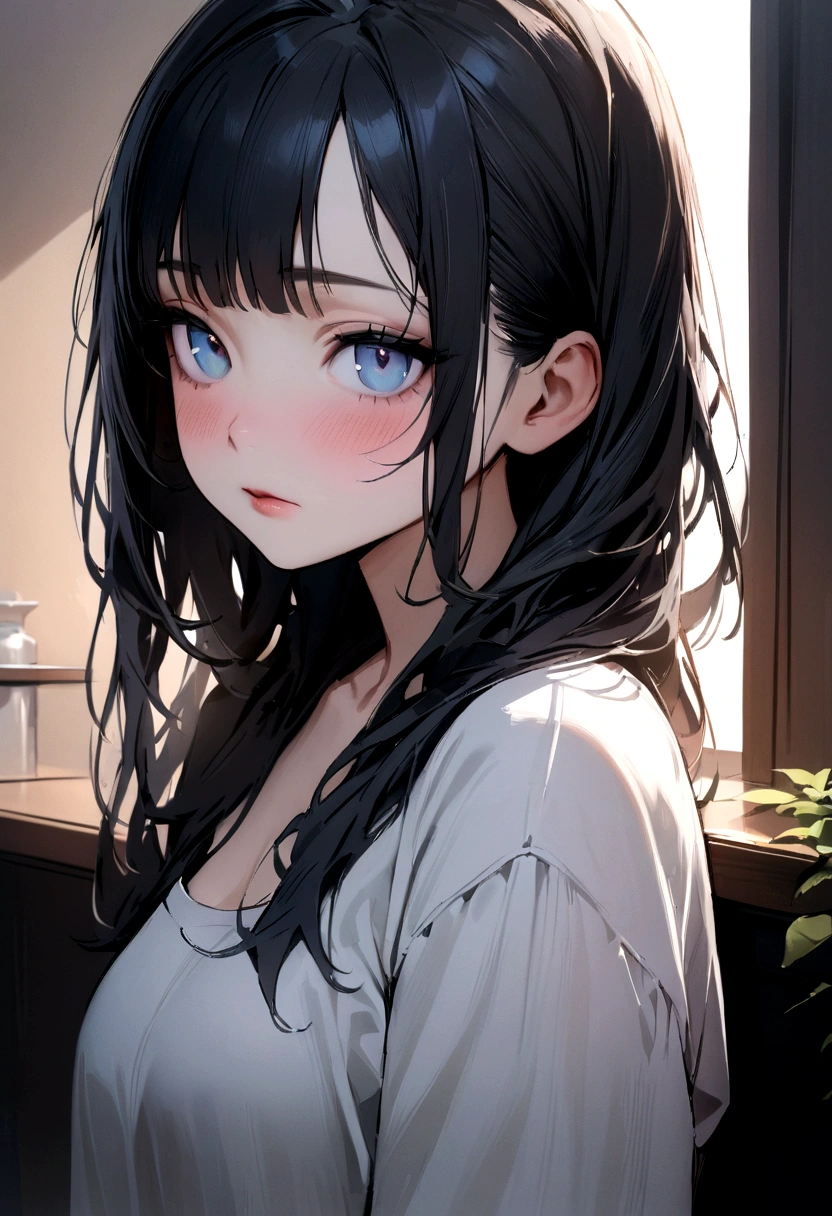 Best Quality, Masterpiece,  (realist:1.2), 1 girl, Medium shoulder length jet black hair with bangs, blue eyes,forehead, detailed face, pretty, slightly sleepy eyes 