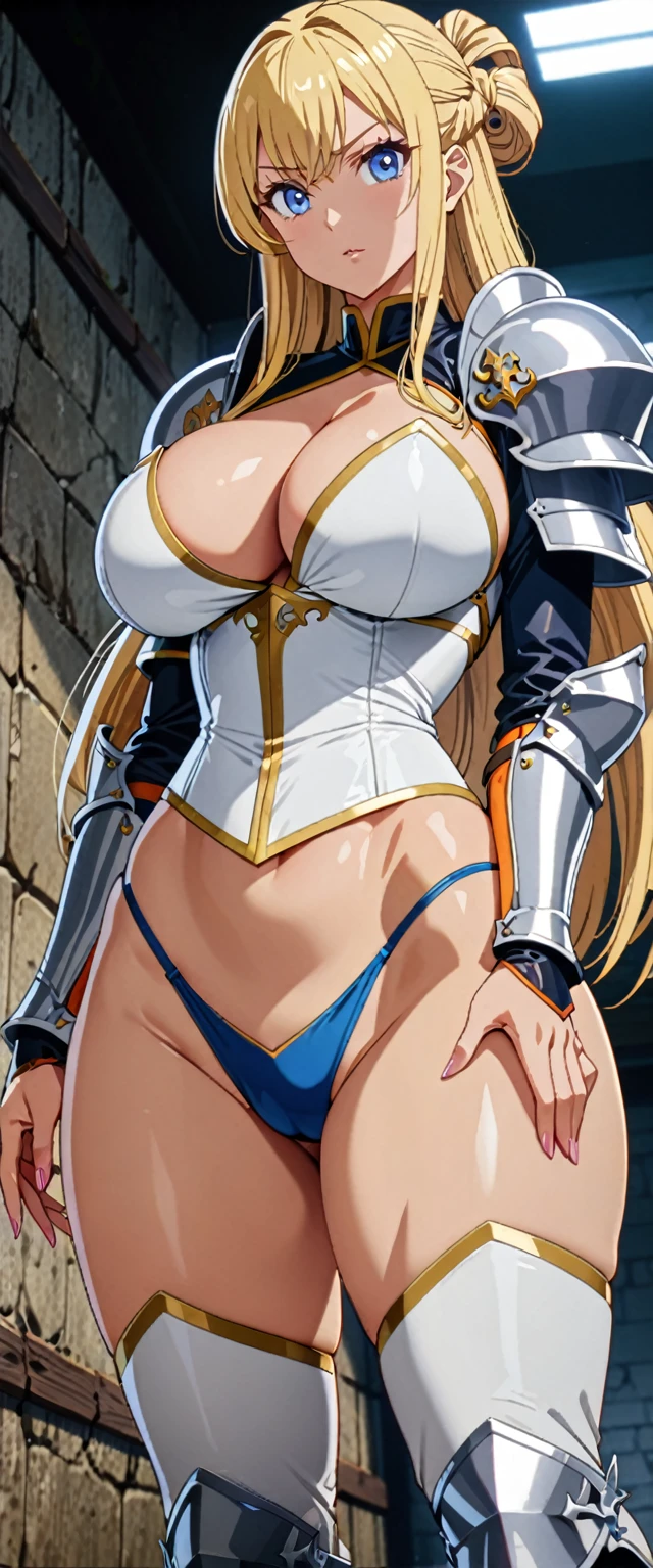 ((masterpiece)), ((high quality)), ((super detailed)), ((high resolution)) ,((8k)), a beautiful woman, ((She is one of the most famous female knight)), unparalleled beauty, ((huge breast)), ((large ass)), ((deep cleavage)), slim waist, chest out, ultra detailed face, perfect skin, (((Half-up hairstyle, long blonde straight hair))), blue eyes, detailed eyes, whole body image, (((anime))), ((glamorous)), 21 years old, ((incredibly beautiful woman)), ((The I cup bust)), ((((bikini armor)))), ((beautiful breasts)), beautiful legs, 8 life size, anime, the most beautiful and strongest, ((charm)), ((Grown-up face)), ((Perfect fingers)), (((Women's mixed martial arts, ((Bewitching)), ((A young heroine of the women's professional wrestling world)), ((((from below)))),