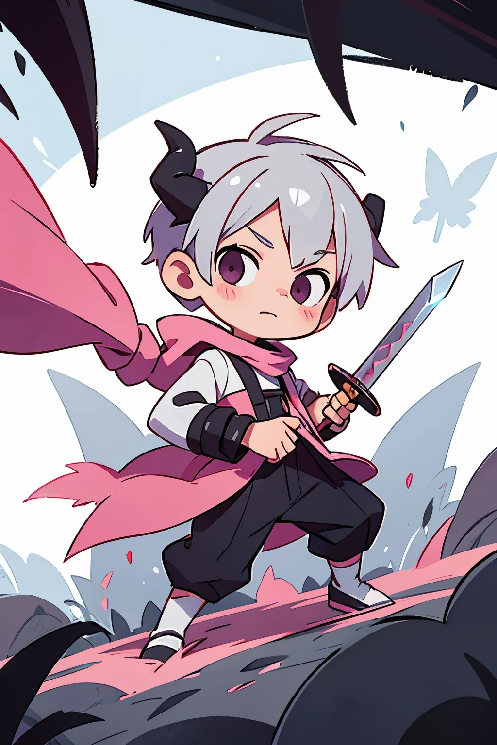 chibi drawing, Boy, white, with gray hair, black demon horns, explorer outfit, holding a pink sword in hand.