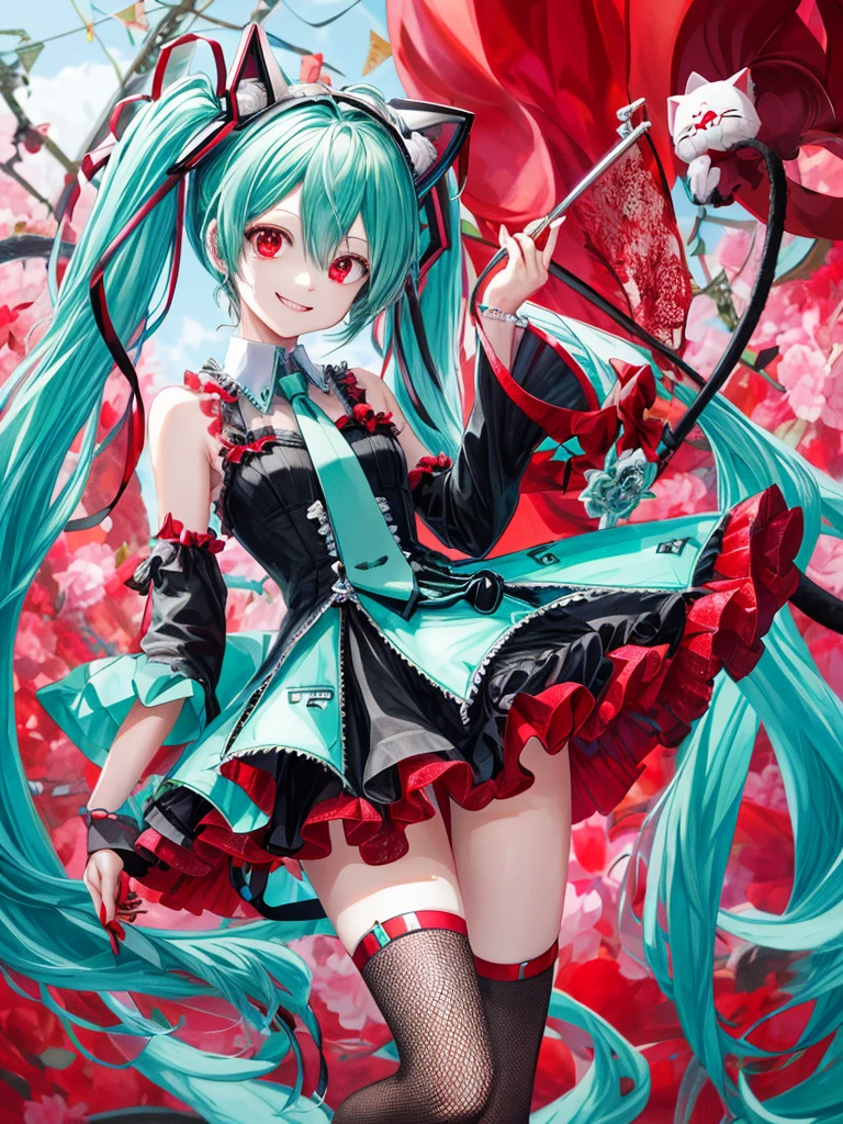 hatsune miku, veey cute, blood, smiling, devil, cat ears, red eyes