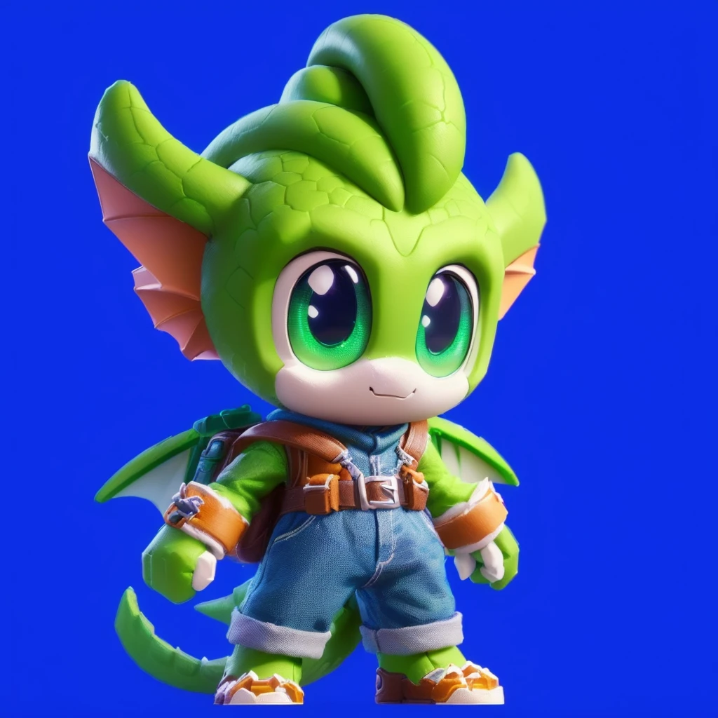 a closeup of a toy of a green dragon with a backpack, little character. unreal engine 5, toonix character, video game character, Toon render keyshot, stylized character, videogame character, Official 3D rendering art., merged character, profile photo 1024px, cartoon shader, game character, Official character art, character artwork