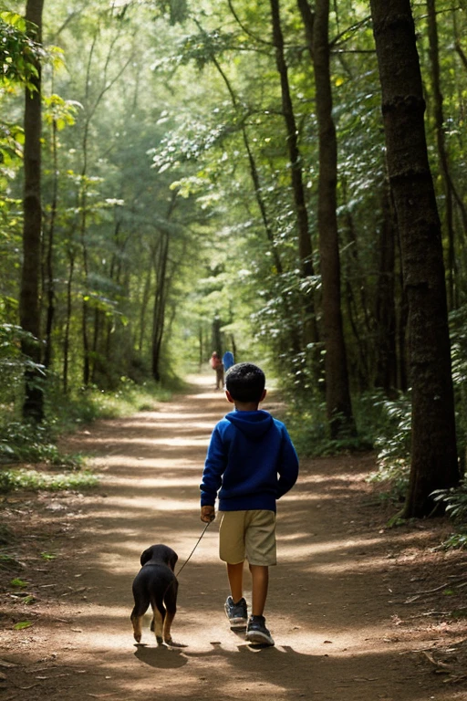 ((Best Quality)), ((Masterpiece)), (detailed), a 5--old k-skinned Latino boy walks and strolls through the forest with his small dog 