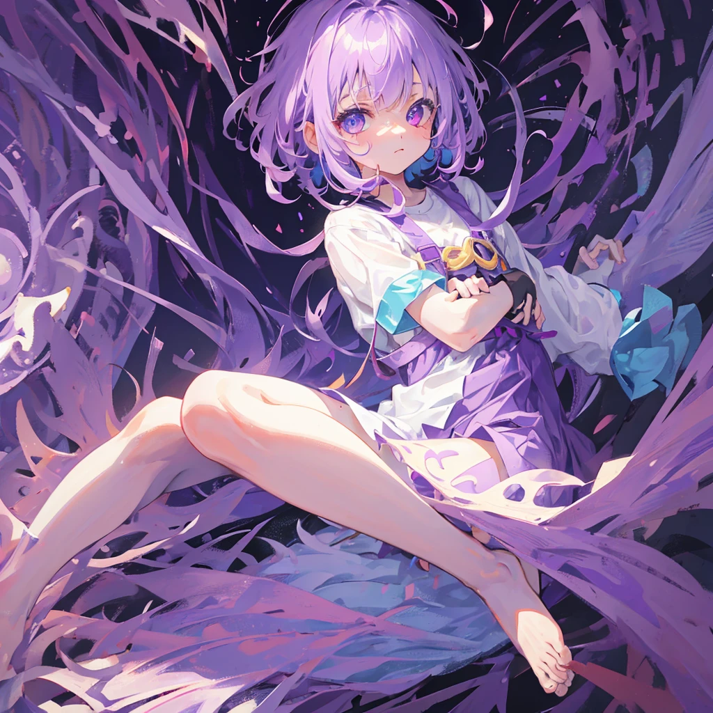 A li，Purple Hair，White highlights，cute，Heterochromia，Left eye blue，Right eye red，Barefoot，((Pure purple background))