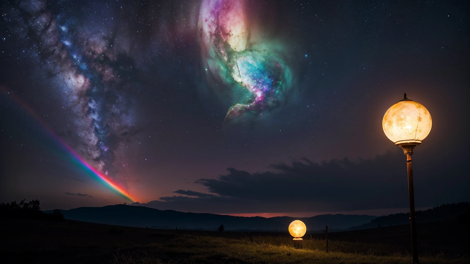 Wide Landscape Photos, (Looking from the bottom up, The sky is above, There is open space below), (Full Moon: 1.2), (meteor: 0.9), (nebula: 1.3),,Handmade art, (暖lamp: 1.2), (firefly: 1.2), lamp, Lots of purple and red, Intricate details, Volumetric LightingBREAK (masterpiece: 1.2), (best quality), 4K, Extremely detailed, (Dynamic Combination: 1.4), Rich in details,Colorful, (Rainbow Colors: 1.2), (glow, Ambient Lighting), Like a dream, magic, (solitary: 1.2)