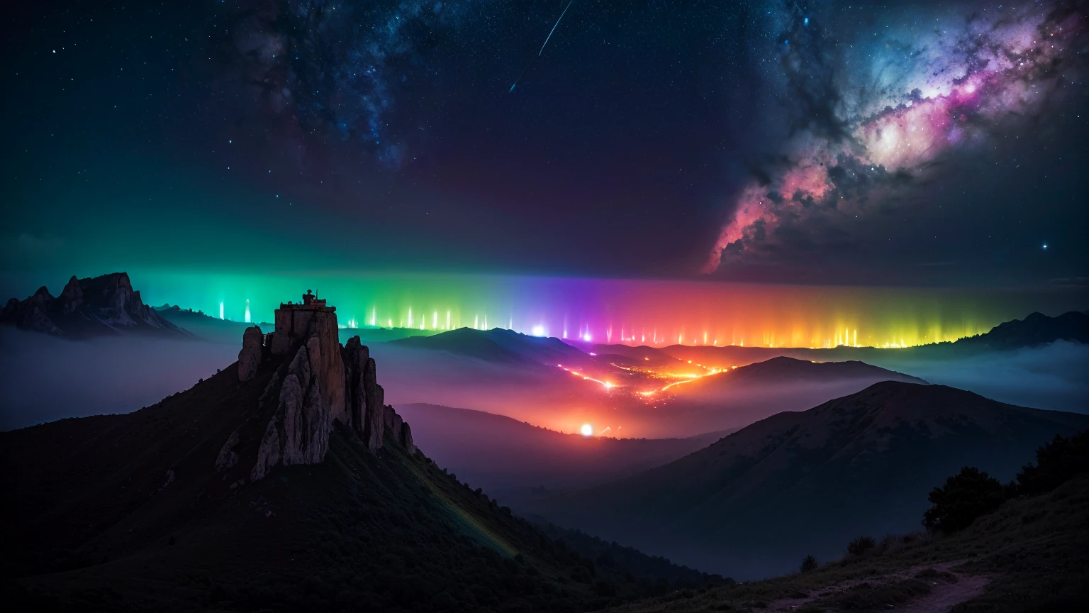 Wide Landscape Photos, (Looking from the bottom up, The sky is above, There is open space below), (Full Moon: 1.2), (meteor: 0.9), (nebula: 1.3),,Handmade art, (暖lamp: 1.2), (firefly: 1.2), lamp, Lots of purple and red, Intricate details, Volumetric LightingBREAK (masterpiece: 1.2), (best quality), 4K, Extremely detailed, (Dynamic Combination: 1.4), Rich in details,Colorful, (Rainbow Colors: 1.2), (glow, Ambient Lighting), Like a dream, magic, (solitary: 1.2)
