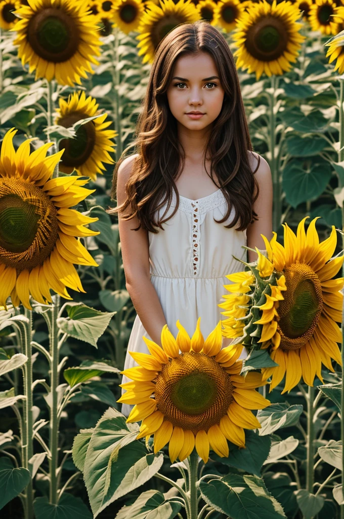 A girl with white skin, brown hair with yellow eyes with a sunflower in her hands and anchoring a field of sunflowers