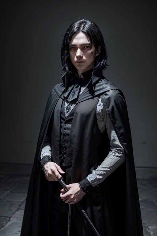 work of art: Severus Snepe, standing alone ( completely black and gothic outfit with black vest and cape), long sleeve shirt, black hair, short-hair( view from the front), holding an epée ( of the seventeenth century, long with thick, slightly curved handle),brunette skin, Anime-shaped drawing, photo by full body