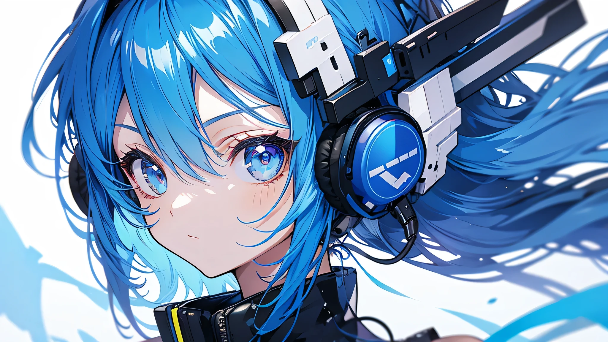 Girl wearing headphones。Blue Hair。