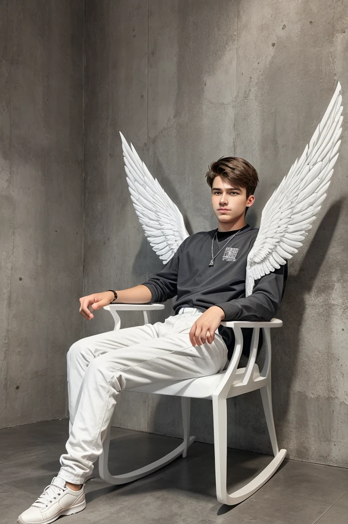 create realistic image A 18 year old boy is sitting on a king chair with white wings and behind him the color of the wall is gray on which "Arup" is written in curve style