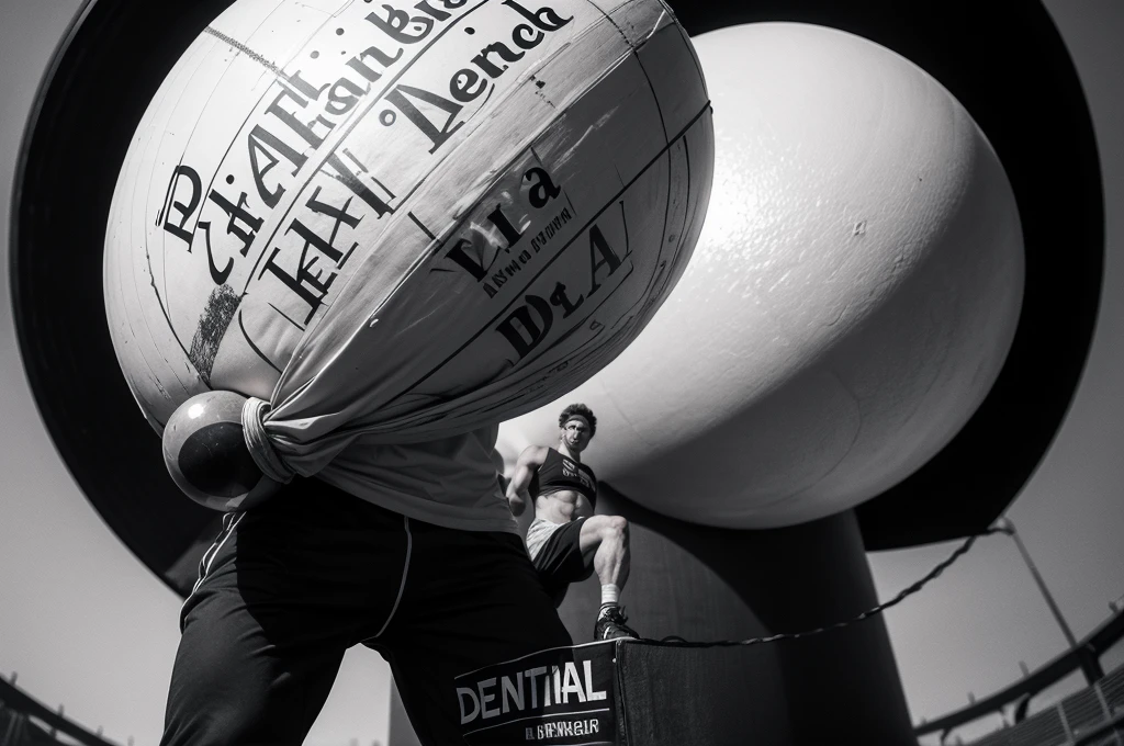 Atlas carrying a planet with a banner that says DEMENCIAL with perfect typography and clear read, Atlas is athletic and fitness, sketch style, B/W