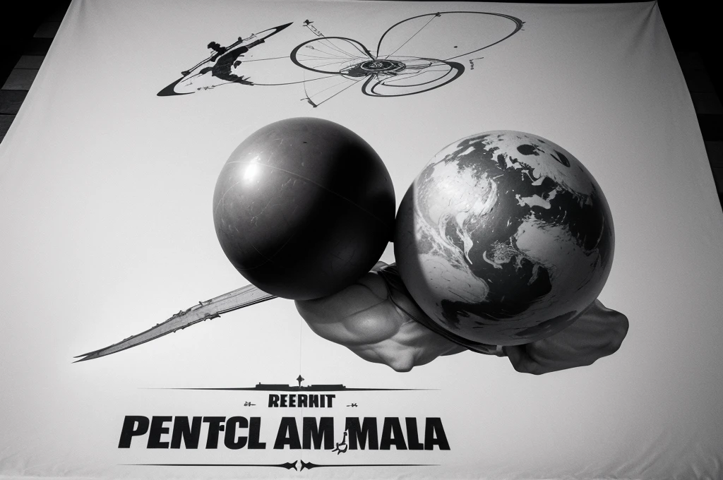 Atlas carrying a planet with a banner that says DEMENCIAL with perfect typography and clear read, Atlas is athletic and fitness, sketch style, B/W