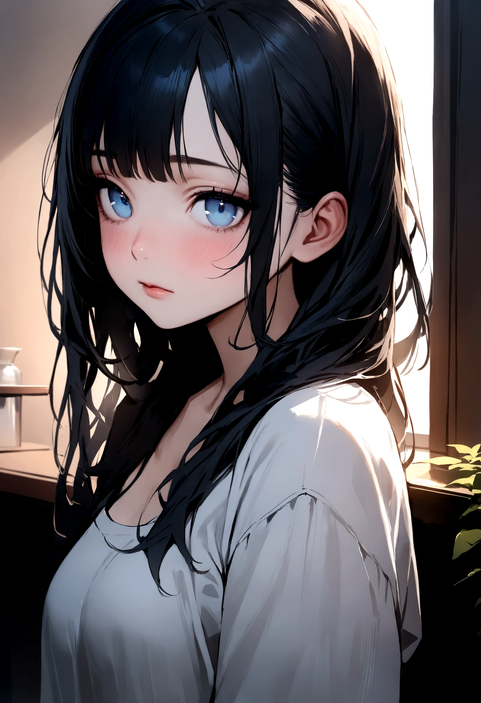 Best Quality, Masterpiece, (realist:1.2), 1 girl, Medium shoulder length jet black hair with bangs, blue eyes,forehead, detailed face, pretty, slightly sleepy eyes