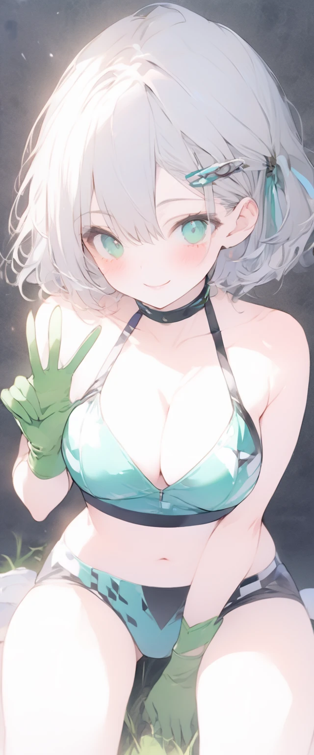 beautiful, masterpiece, Highest quality, anime, One girl, C Cup,Portrait Shot, View your viewers, Covered、Short Hair、nearby、green目、art、、White hair,Blue streaked hair、wallpaper、hairpin、Cute smile、Thighs、 green空、green_Leather Race Queen、green_Leather Gloves、Kneeling、grass、navel、peace sign
