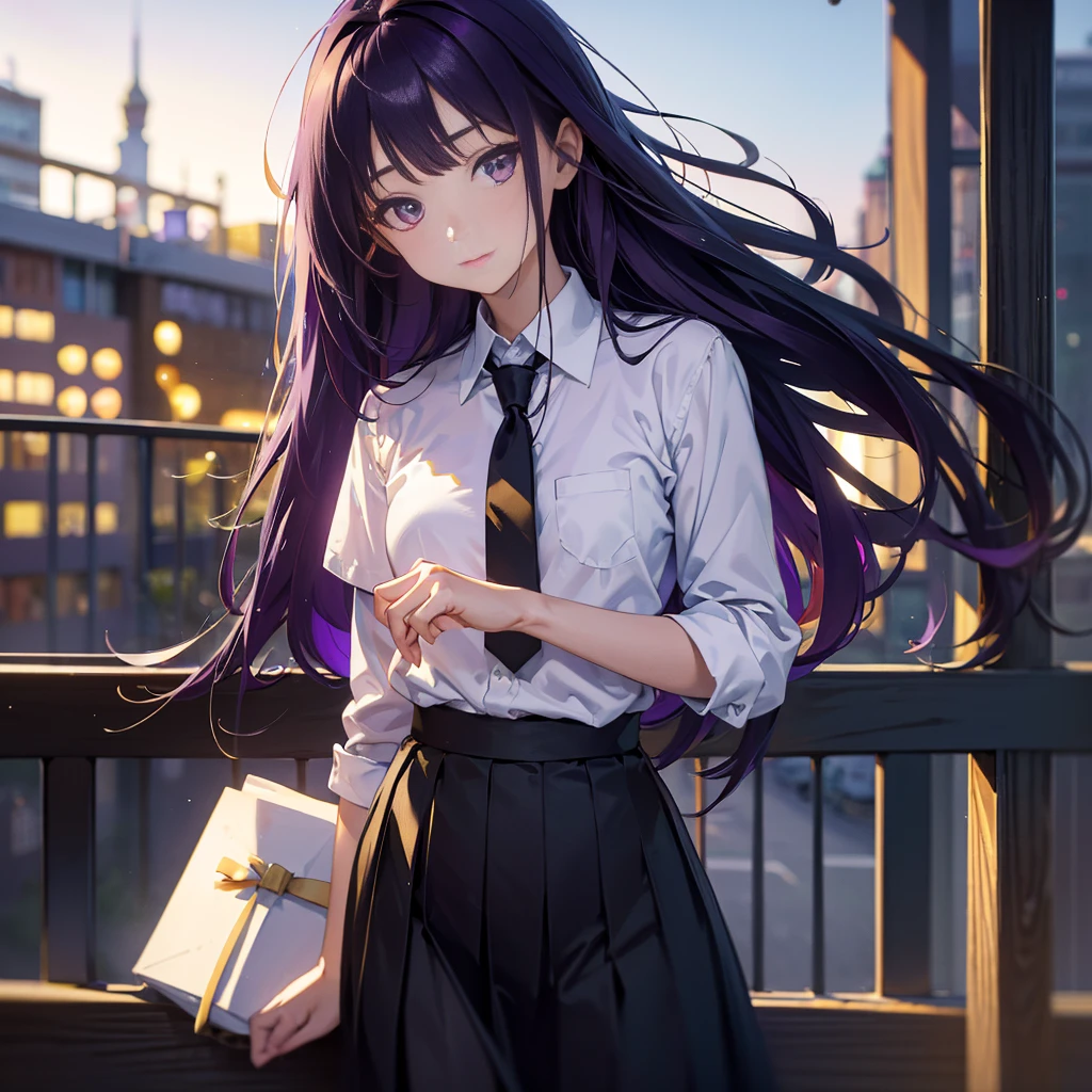 Best picture quality, 8K, high quality, masterpiece:1.2), ((masterpiece)), (great detail, high quality, best picture quality), bokeh, DOF, Portrait, open stance, purple hair long hair, in black, standing, round face, in white shirt with a yellow tie, black plead skirt, lie down on the balcony