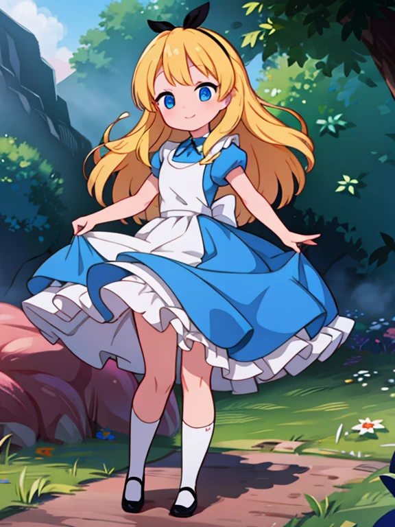 one girl, Alice Liddell, young, small breasts, (looking at viewer), smiling, cute, adorable, (Best Quality, 4K, 8K, High Definition, Masterpiece: 1.2), Highly Detailed, studio lighting, bright colors, white rabbit, forest, dancing, Full body image, shining eyes, long hair, blonde, white socks