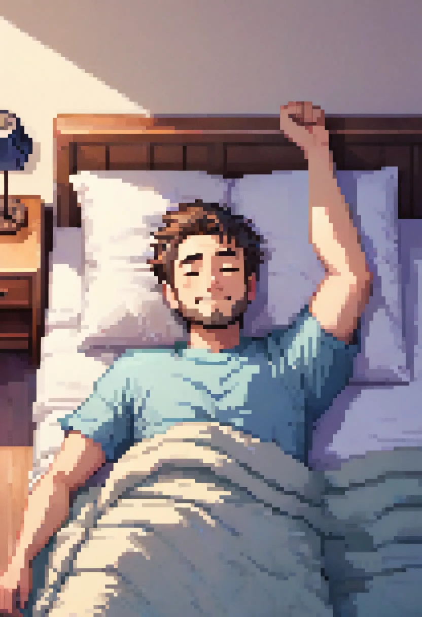 guy laying in bed lazily raising one arm pixel