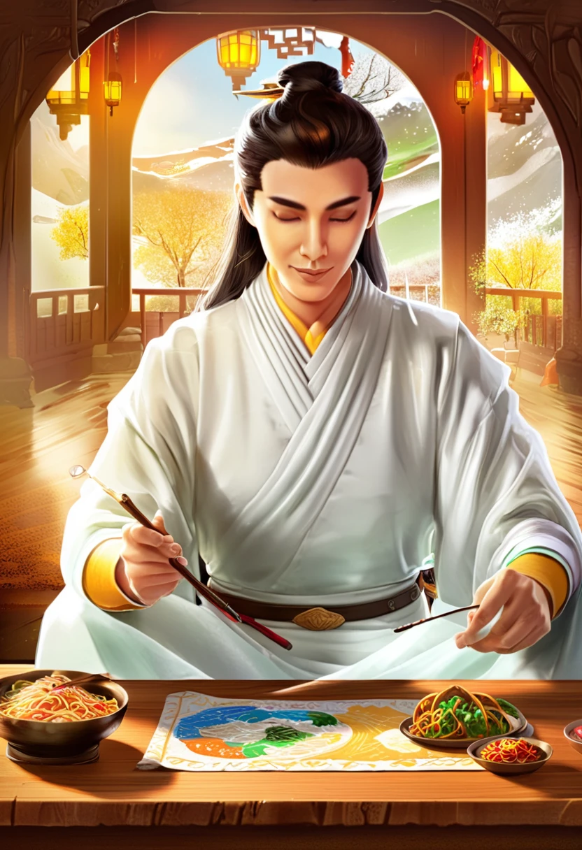 ((Unreal Engine 5)), Realistic rendering, Excellent, (Warm light room), （Chinese poet), (down view), Paint a painting of an ancient poet writing a poem in the room，Chinese food on the table，Hold a brush in hand，Wear white Hanfu，Ancient Chinese literati，inspired by Li Kan, epic full color illustration,  naranbaatar ganbold, a portrait inspired by Hu Zaobin, Artstation contest winner,   dragonlance illustration,  Tolkien Art,  arsen lupin as a paladin, feng shu