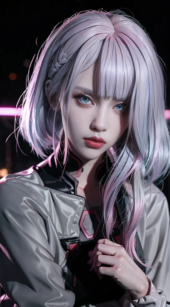 lucy \(cyberpunk\), 1girl,  hair scrunchie, hime cut, silver hair, colored tips, full moon, grey eyes, jacket, long sleeves, looking at viewer, medium hair, multicolored hair, parted bangs, parted lips, pink hair, portrait, red eyeliner, red lips, solo, white jacket, cyberpunk \(series\), rainy night in a cyberpunk city with glowing neon lights