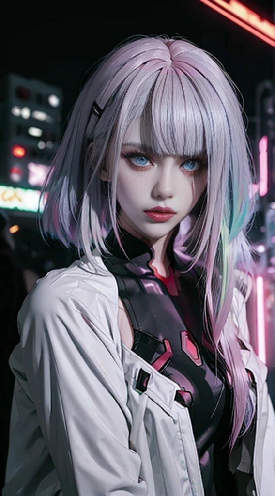 lucy \(cyberpunk\), 1girl, hair scrunchie, hime cut, silver hair, colored tips, full moon, grey eyes, jacket, long sleeves, looking at viewer, medium hair, multicolored hair, parted bangs, parted lips, pink hair, portrait, red eyeliner, red lips, solo, white jacket, cyberpunk \(series\), rainy night in a cyberpunk city with glowing neon lights