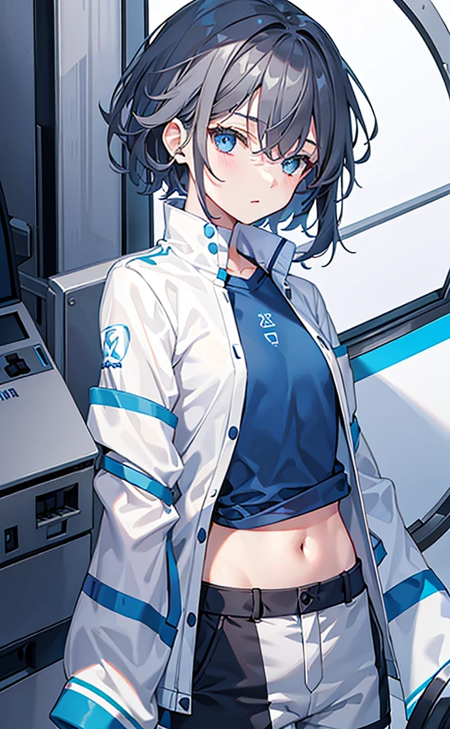 Girl,Tomboy,Dark gray hair,Blue Eyes,White jacket and blue short-sleeved top,Lower body trousers,Technology,flat chest。