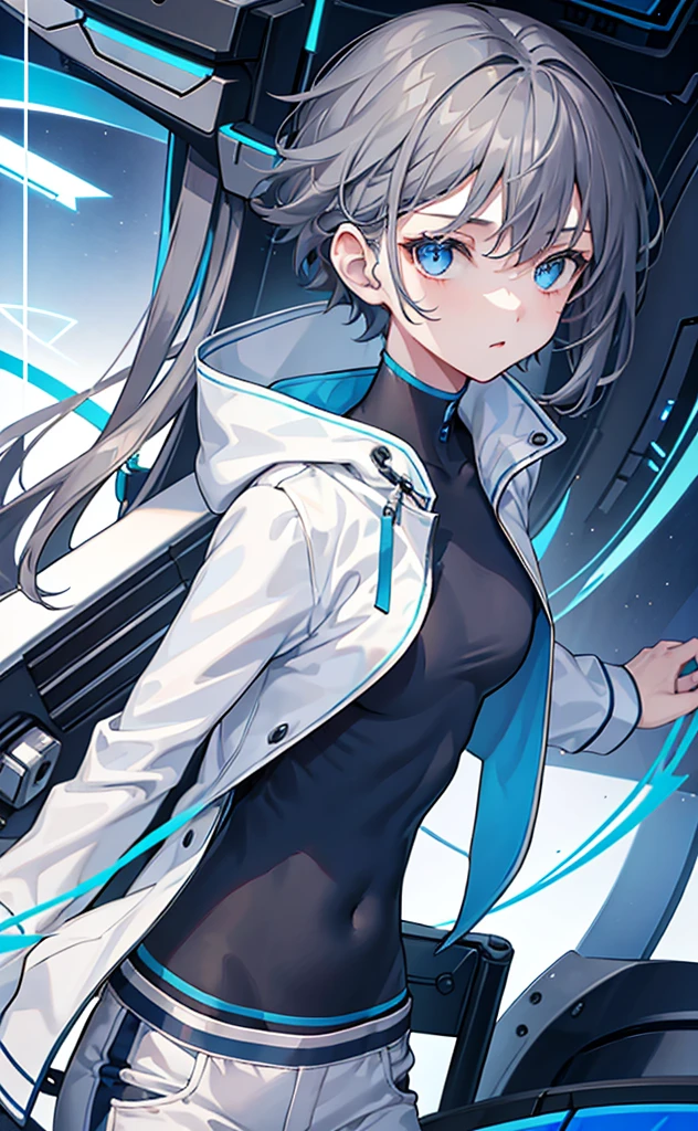 Girl,Tomboy,Dark gray hair,Blue Eyes,White jacket and blue short-sleeved top,Lower body trousers,Technology,flat chest。