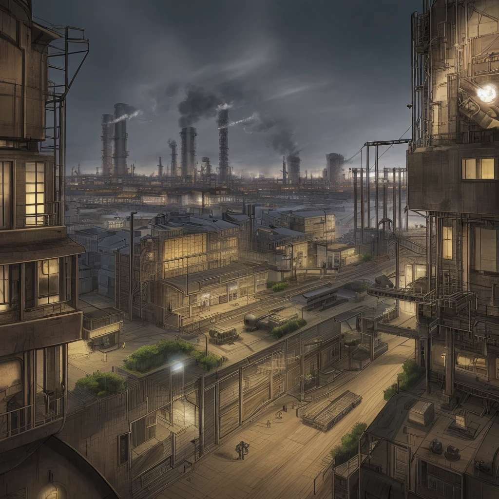 a highly detailed steampunk industrial city, surrounded by a wall, rusty and heavy, smoking chimneys, factories, gears, machinery, tall buildings, towers, steam power, steam pipes, street lights, (cinematic lighting:0.8, super detailed, blooming)