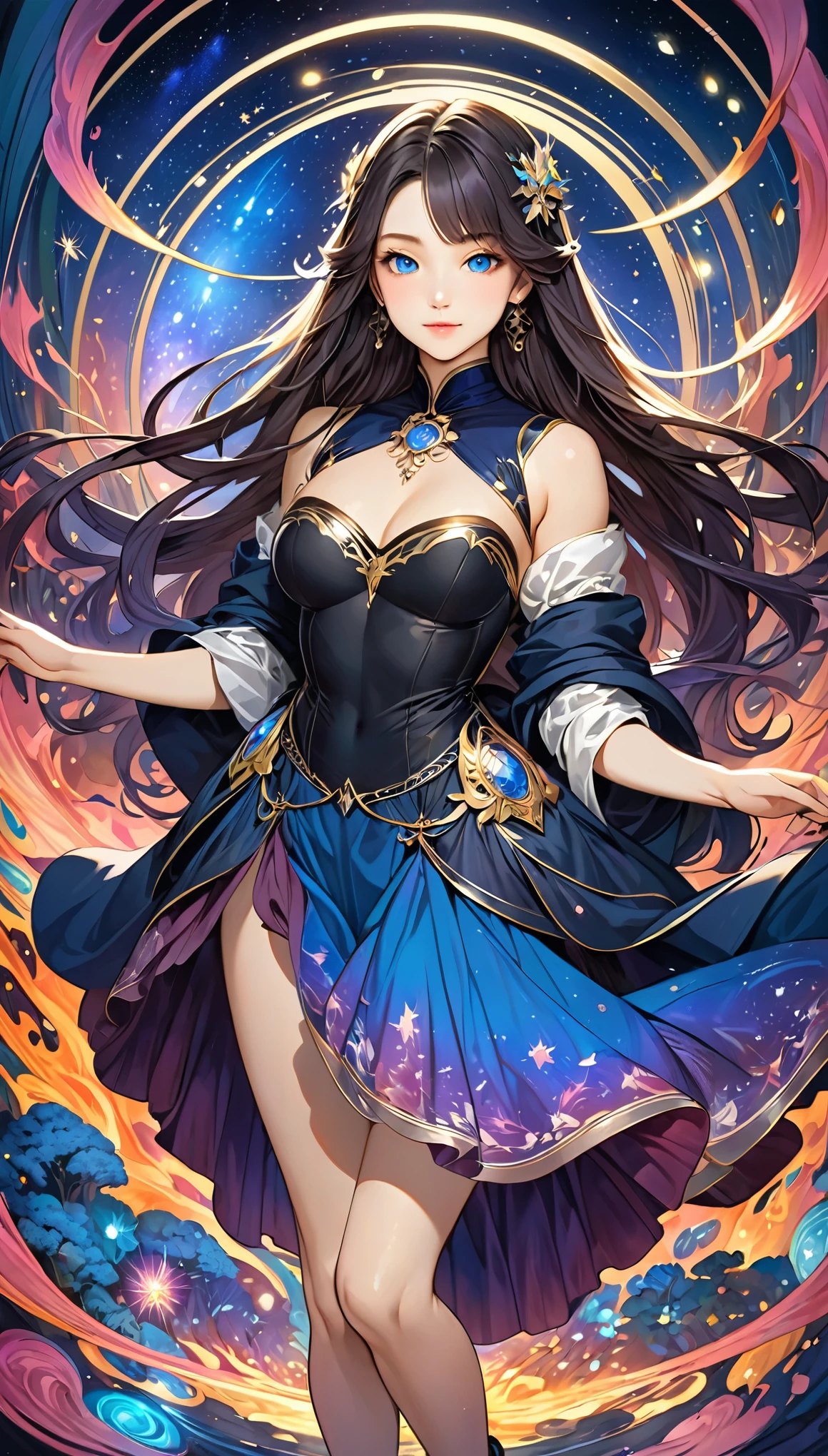 8K resolution, masterpiece, Highest quality, Award-winning works, unrealistic, From above, sole sexy lady, healthy shaped body, 22 years old, black mage, 165cm tall, huge firm bouncing busts,, white silver long wavy hair, Detailed facial depictions, Break, Mysterious blue eyes, Standard nose, Eyeliner, pink lips, sexy long legs, Clear skin, holy knight, Gothic ruffle long dress, A dress with a complex structure, Seven-colored colorful dress, Clothed in flames, royal coat of arms, elegant, Very detailed, Delicate depiction of hair, miniature painting, Digital Painting, artステーション, コンセプトart, Smooth, Sharp focus, shape, artジャム、Greg Rutkowski、Alphonse Mucha、William Adolphe Bouguereau、art:Stephanie Law , Royal Jewel, nature, Symmetric, Greg Rutkowski, Charlie Bowwater, Unreal, Surreal, Dynamic Lighting, ファンタジーart, Complex colors, Colorful magic circle, flash, dynamic sexy poses, A kind smile, Mysterious Background, Aura, A gentle gaze, BREAK, Small faint lights and flying fireflies, night, lanthanum, 山の頂From above下界を見下ろす, Starry Sky, milky way, nebula, shooting star