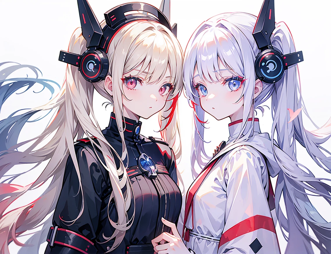 Two girls, one with beige hair and very red eyes, the other with white hair and blue eyes, twin tails, long hair, white background, colorful gemstone lights, high quality, mecha musume, Colorful portraits