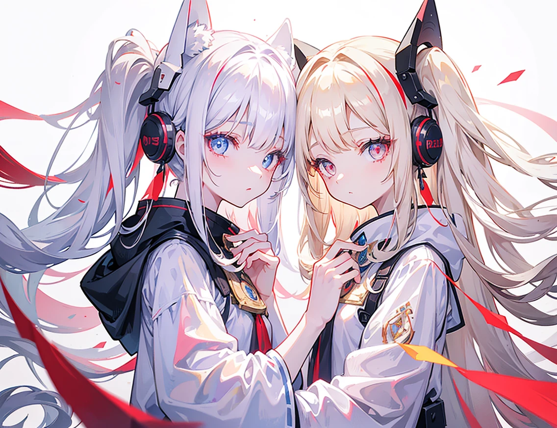 Two girls, one with beige hair and very red eyes, the other with white hair and blue eyes, twin tails, long hair, white background, colorful gemstone lights, high quality, mecha musume, Colorful portraits