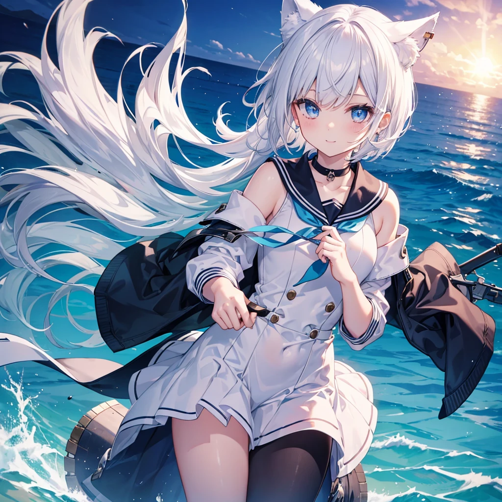 White Hair blue eyes short hair Have student Cat ear nice Blue Earrings necklace gloves beauty thin Sailor suit Put on a black coat Fantasy smile coastal sunset Fluffy hair