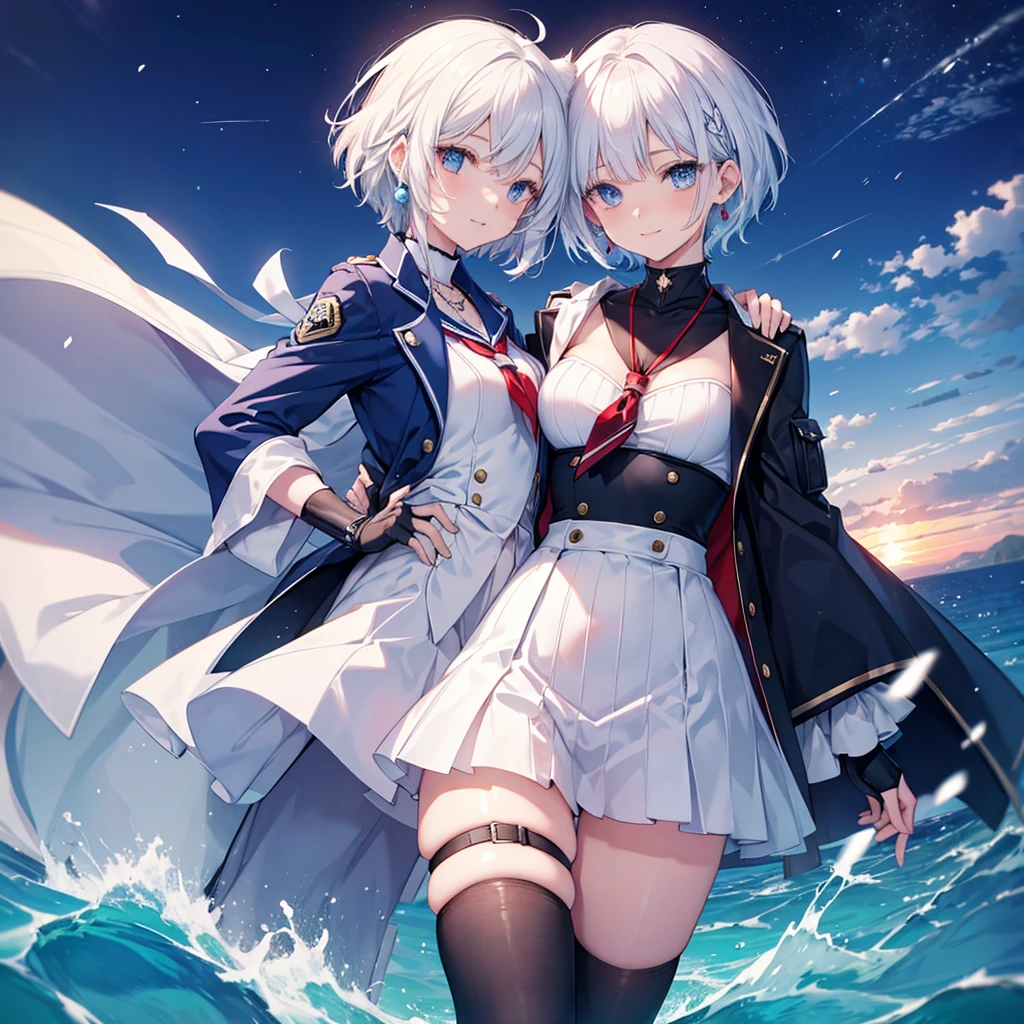 White Hair blue eyes short hair Have student Cat ear nice Blue Earrings necklace gloves beauty thin Sailor suit Put on a black coat Fantasy smile coastal sunset Fluffy hair