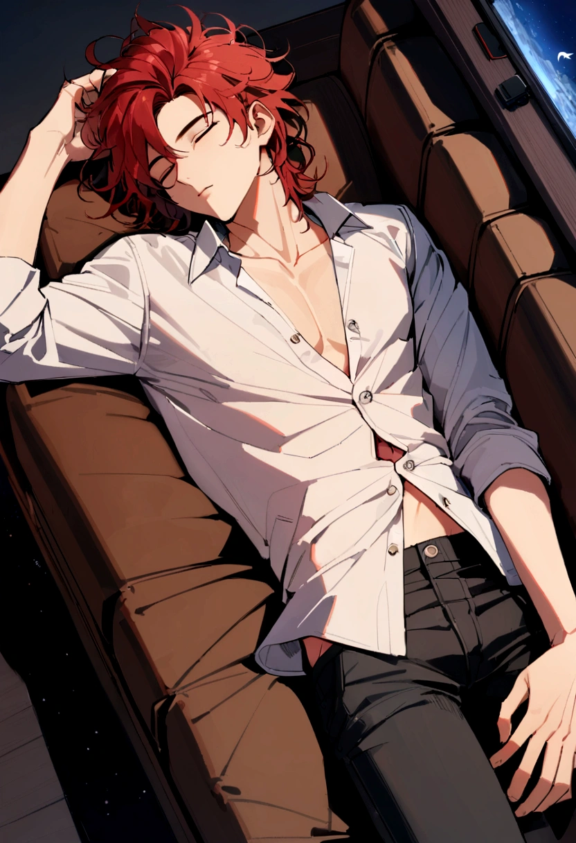 Young male, 25 years old, tall, sleeping on the couch, arm place in the head, (full body camera shot), night time, sexy pose, wearing a shirt, unbuttoned shirt, laying on the couch, messy hair, red hair, straight, (bird view camera shot), body straighten up