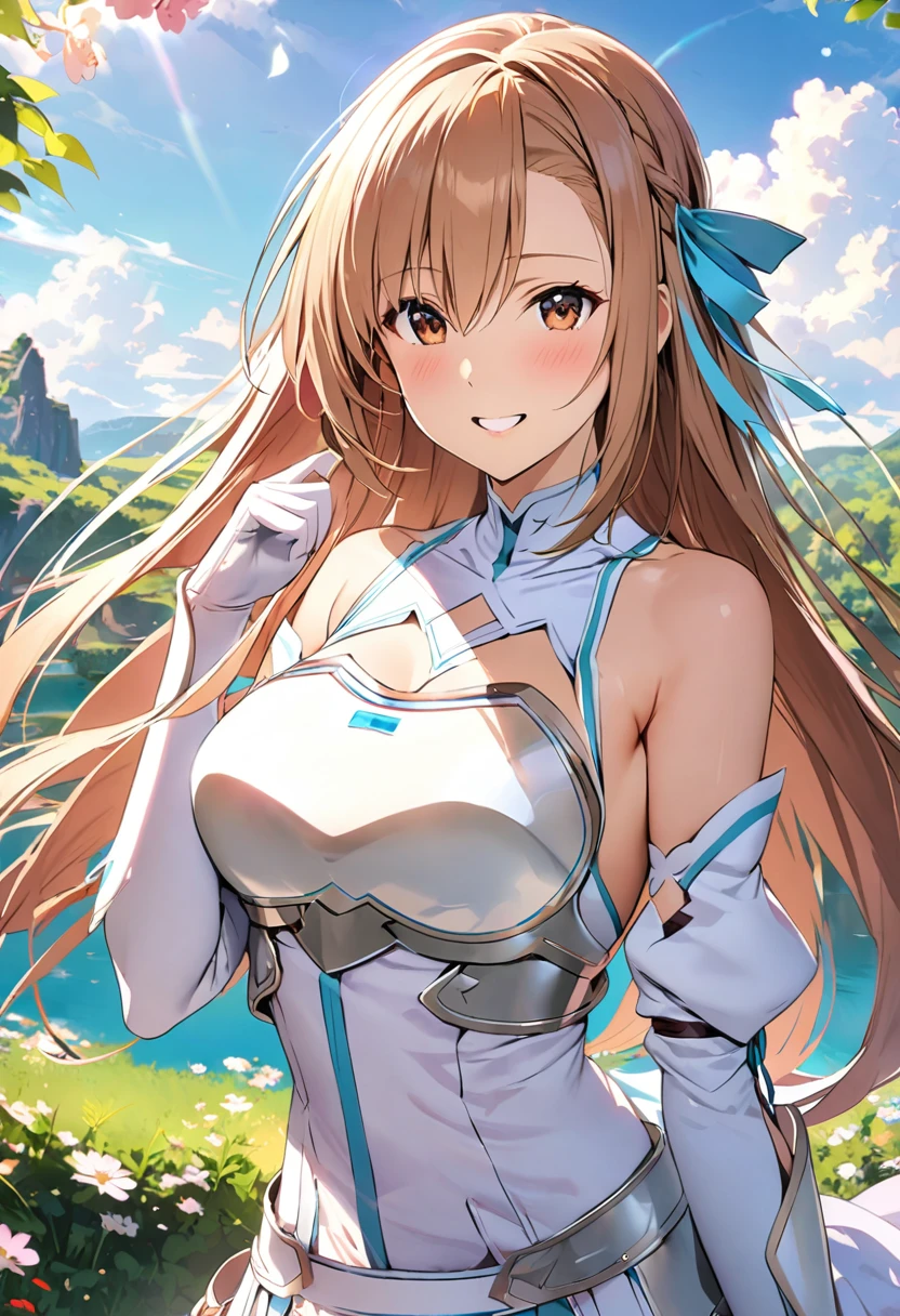 ((masterpiece)), Highest quality, Very detailed,(One Girl),Yuki Asuna、Asuna (stay), brown eyes, bare shoulders, breastplate, armor, detached sleeves, gloves, white gloves, (red and white dress), Long Hair, smile, Beautiful background ,Clothing, 