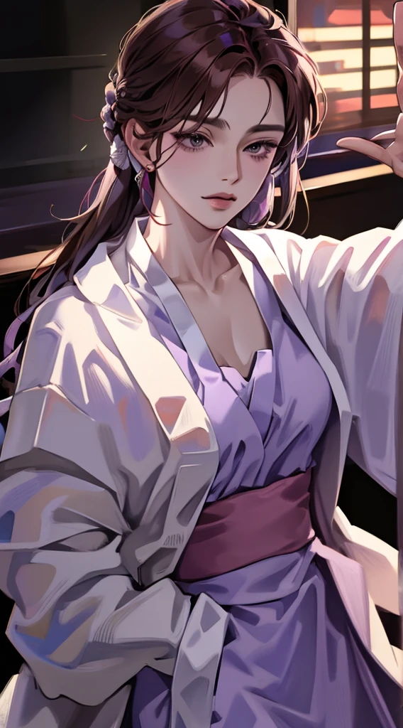 Long brown hair, loose purple hanfu robes, blindfolded