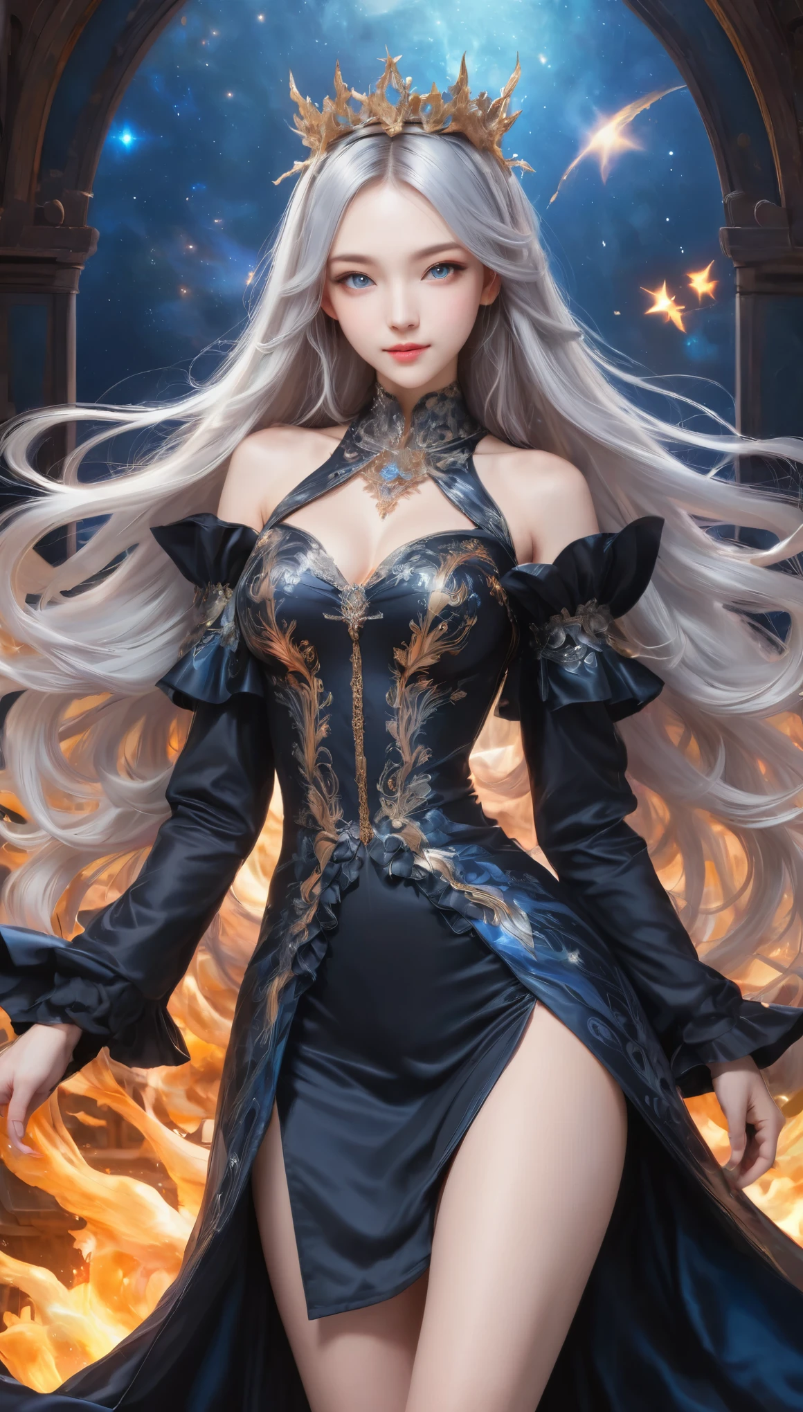 8K resolution, masterpiece, Highest quality, Award-winning works, unrealistic, From above, sole sexy lady, healthy shaped body, 22 years old, black mage, 165cm tall, huge firm bouncing busts,, white silver long wavy hair, Detailed facial depictions, Break, Mysterious blue eyes, Standard nose, Eyeliner, pink lips, sexy long legs, Clear skin, holy knight, Gothic ruffle long dress, A dress with a complex structure, Seven-colored colorful dress, Clothed in flames, royal coat of arms, elegant, Very detailed, Delicate depiction of hair, miniature painting, Digital Painting, artステーションコンセプトart, Smooth, Sharp focus, shape, artジャム、Greg Rutkowski、Alphonse Mucha、William Adolphe Bouguereau、art：Stephanie Law , Royal Jewel, nature, Symmetric, Greg Rutkowski, Charlie Bowwater, Unreal, Surreal, Dynamic Lighting, ファンタジーart, Complex colors, Colorful magic circle, flash, dynamic sexy poses, A kind smile, Mysterious Background, Aura, A gentle gaze, BREAK, Small faint lights and flying fireflies, night, lanthanum, 山の頂From above下界を見下ろす, Starry Sky, milky way, nebula, shooting star