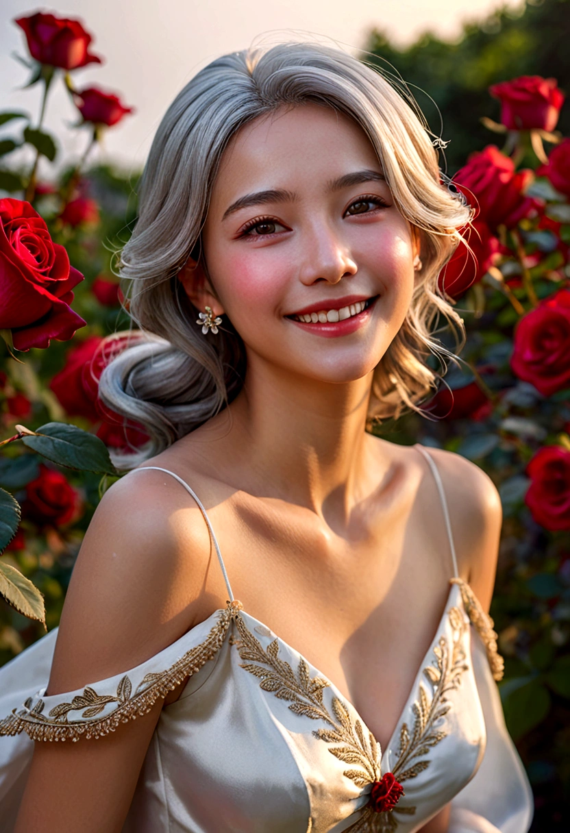 reminiscence, panorama, aspect, depth of field, bust, upper body, cinematic angle, masterpiece, best quality, very detailed, CG, 8K wallpapers, beautiful face, delicate eyes, a maiden, alone, laugh, silver hair, golden eyes, fair skin, hair strand, red scarf, White evening dress, rosefield, red flower, rose, flower garden, petal, Flying petal, smiling